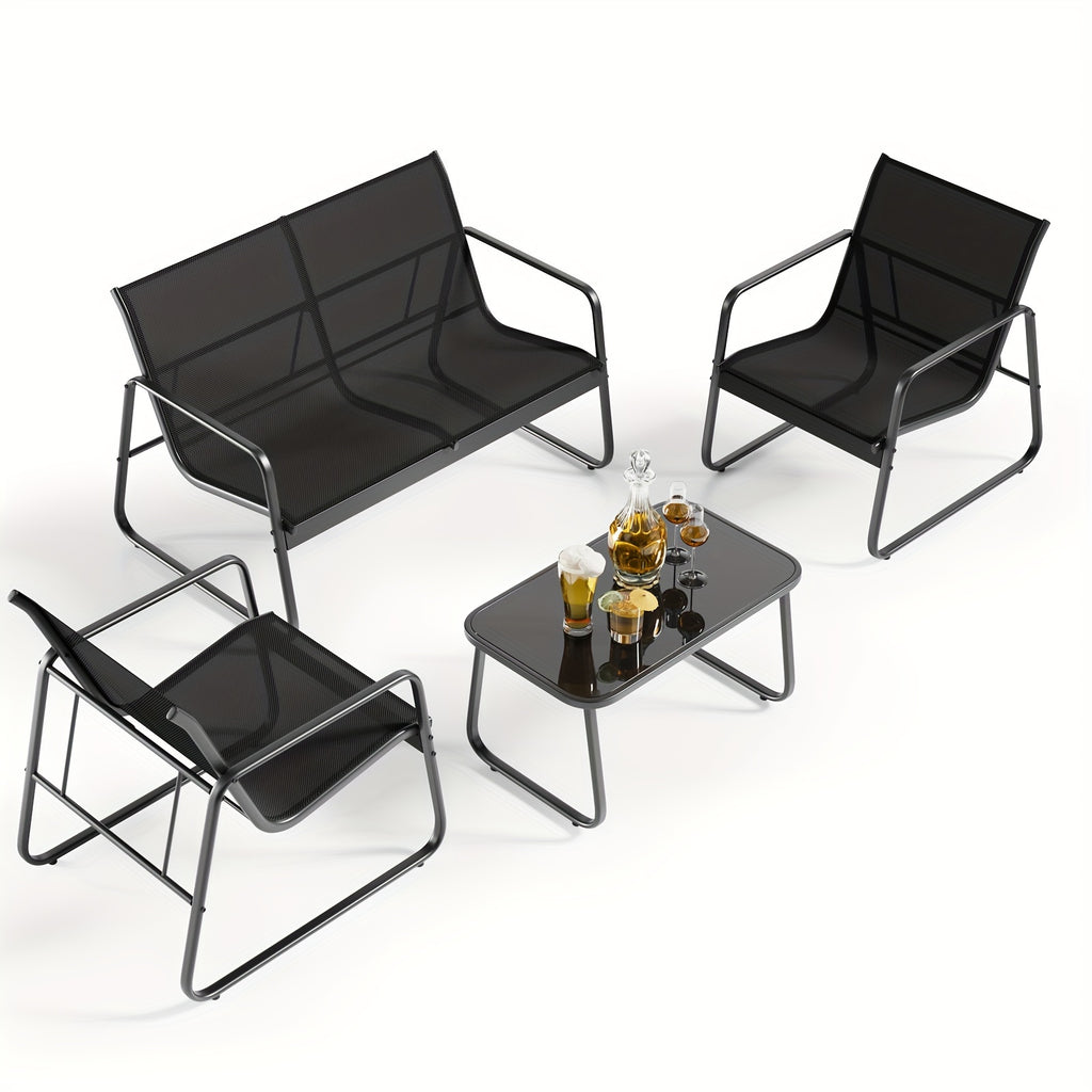 4 Piece Patio Furniture Set, Outdoor Patio Furniture With Loveseat And 2 Single Chairs, Bistro Table And Chairs Set For Backyard, Balcony, Lawn, Black