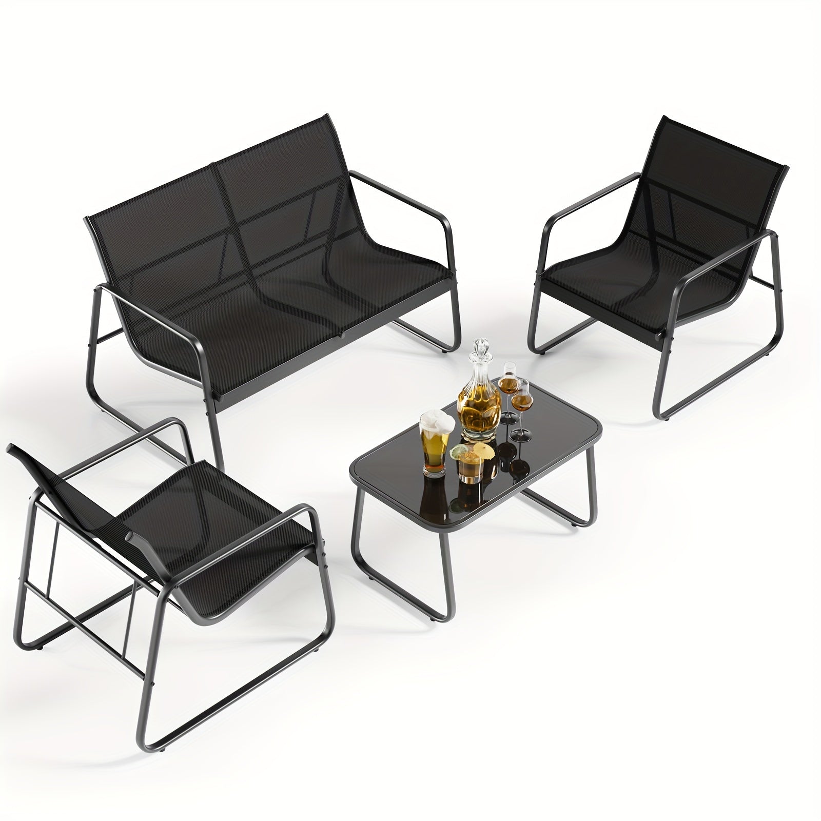 4 Piece Patio Furniture Set, Outdoor Patio Furniture With Loveseat And 2 Single Chairs, Bistro Table And Chairs Set For Backyard, Balcony, Lawn, Black