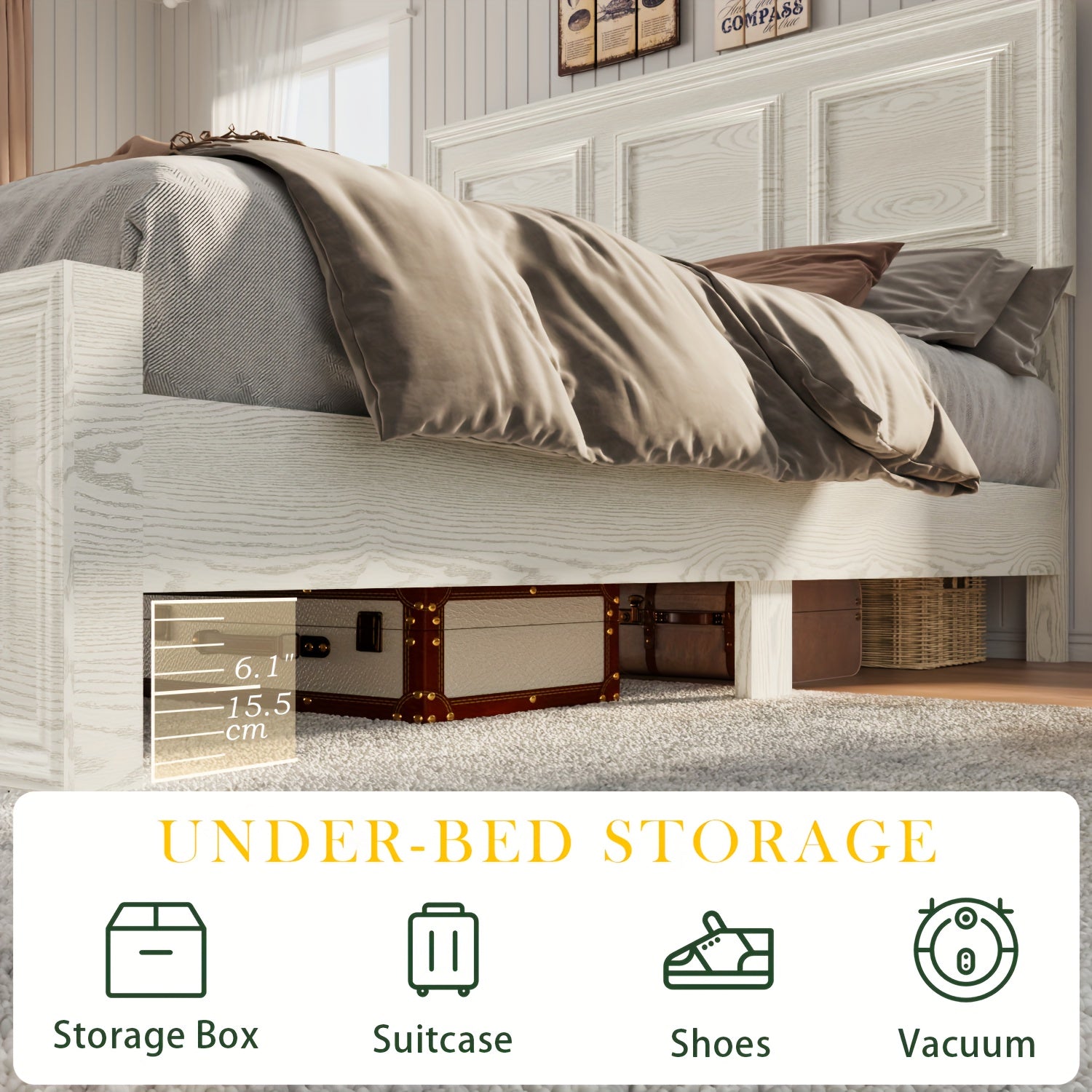 Full Queen Platform Bed Frame with Headboard, Farmhouse Style, Height Adjustable, Brown Oak Finish, USB Charging Port, Metal Frame, Easy Assembly, Modern Bedroom Furniture