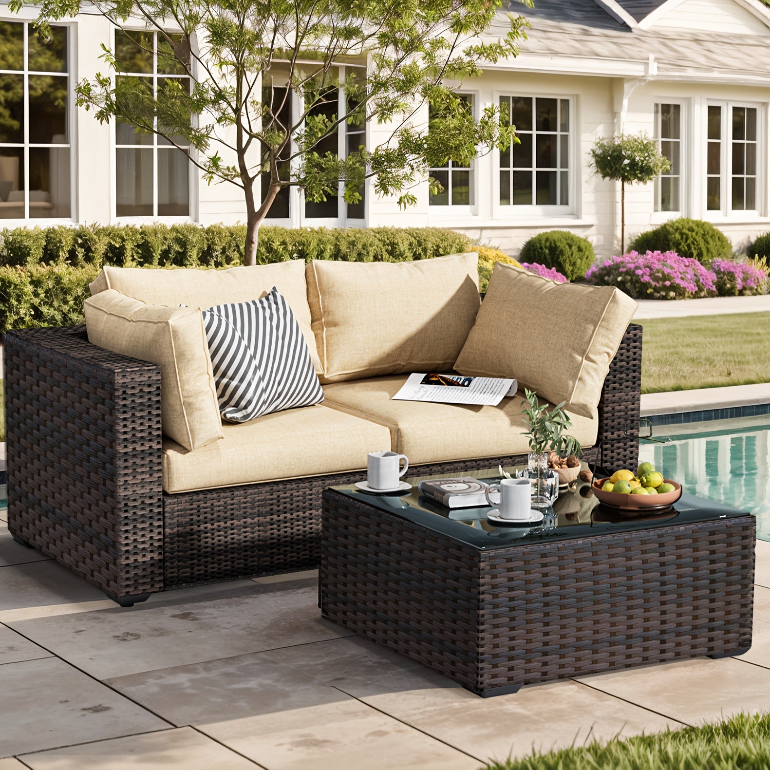 3 Pieces Patio Furniture Set, PE Rattan Wicker 3 Pcs Outdoor Sofa Set W/Washable Cushion And Tempered Glass Coffee Table, Conversation Furniture For Garden Poolside Balcony