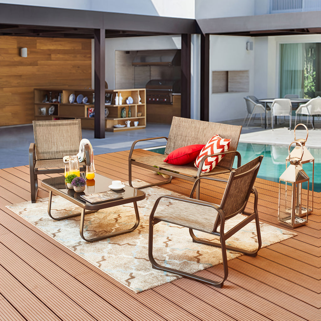 4pcs Patio Furniture Outdoor Bistro Conversation Set With Tempered Glass Coffee Table & Loveseat For Poolside, Porch, Lawn