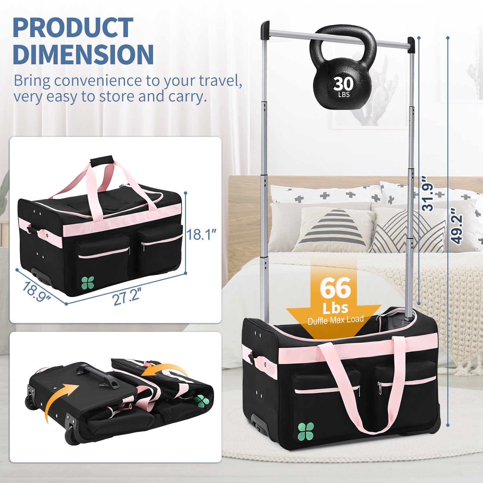Dance Bag With Garment Rack, 27 Inch Dance Competition Bag Garment Duffel Bag For Competition Events, Travel, Recital Events, Rolling Garment Bag Travel Dance Bag for Girls Boys