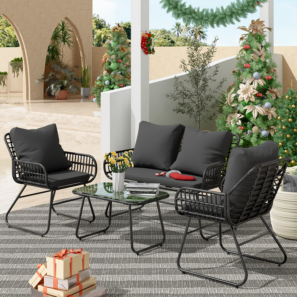 4-Piece Rattan Patio Furniture Set - All-Weather Bistro Conversation Loveseat, Chairs, And Table Set For Outdoor Living Spaces - With Cushions And Metal Table - For Garden Houses & Patios - Perfect for Relaxing & Entertaining