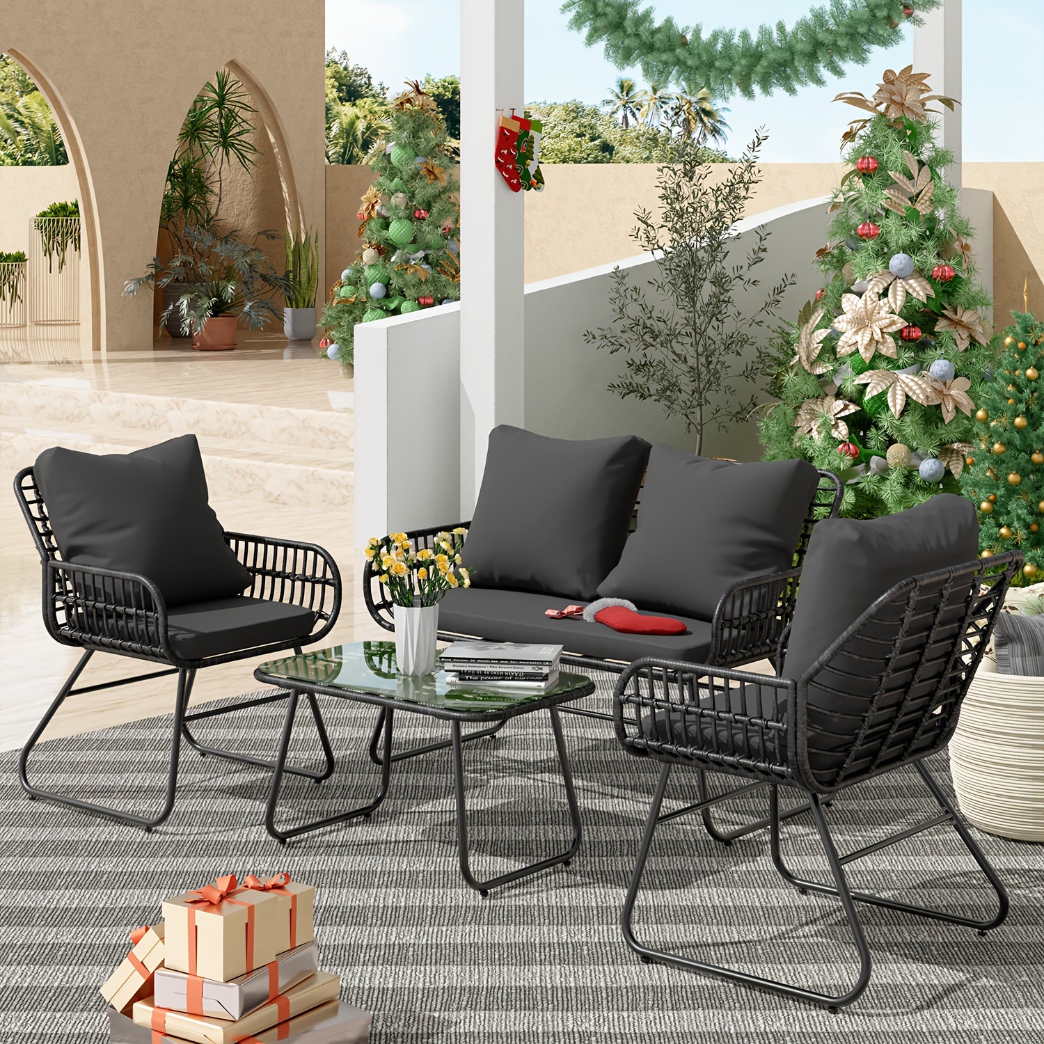 4-Piece Rattan Patio Furniture Set - All-Weather Bistro Conversation Loveseat, Chairs, And Table Set For Outdoor Living Spaces - With Cushions And Metal Table - For Garden Houses & Patios - Perfect for Relaxing & Entertaining
