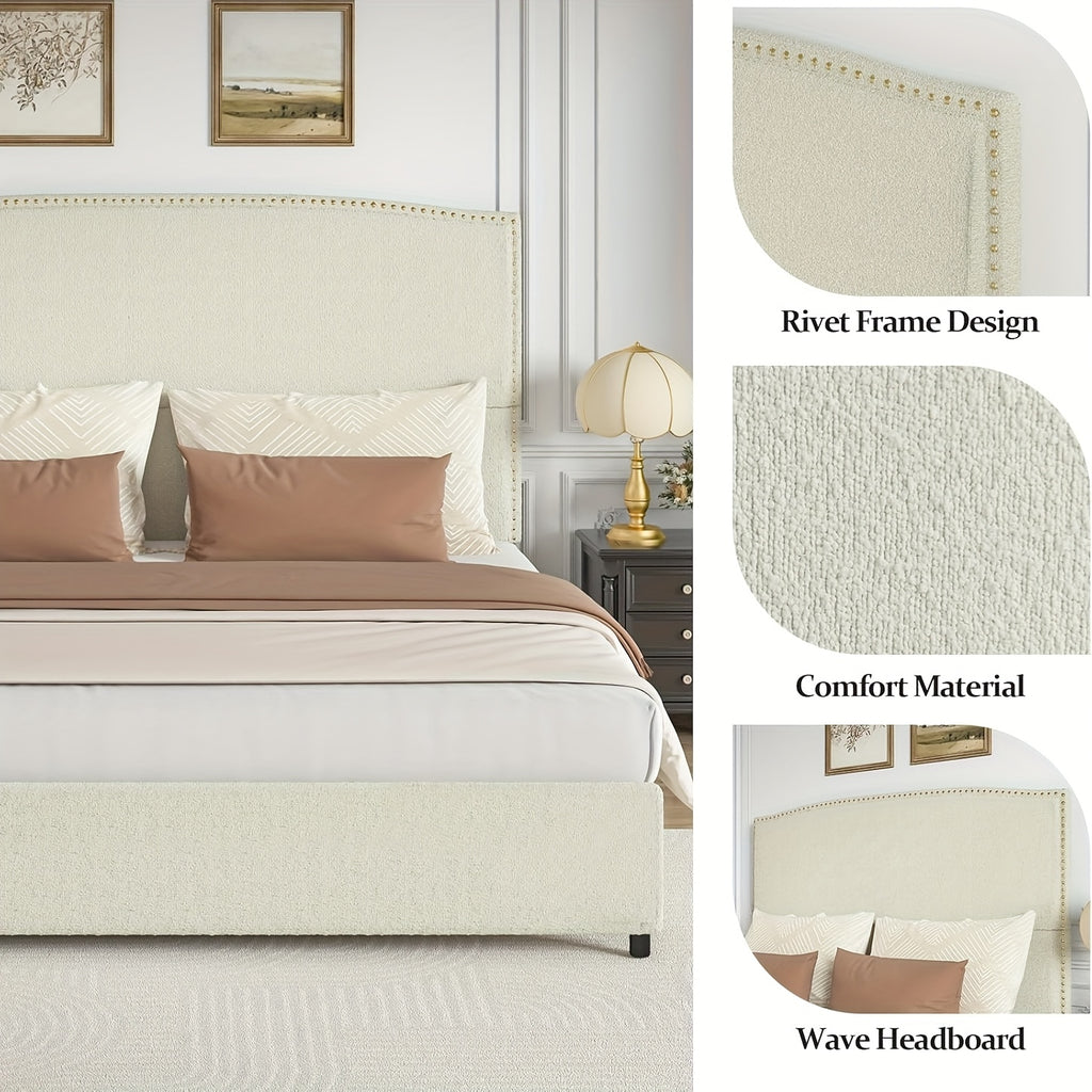 Elegant Queen King Size Bed Frame with 56" Tall Headboard, Boucle Upholstered Platform Bed with Nailhead Trim, Soft Beige/Grey/White Fabric, No Box Spring Needed, Easy Assembly, Classic Hardwood Design for a Luxurious Bedroom