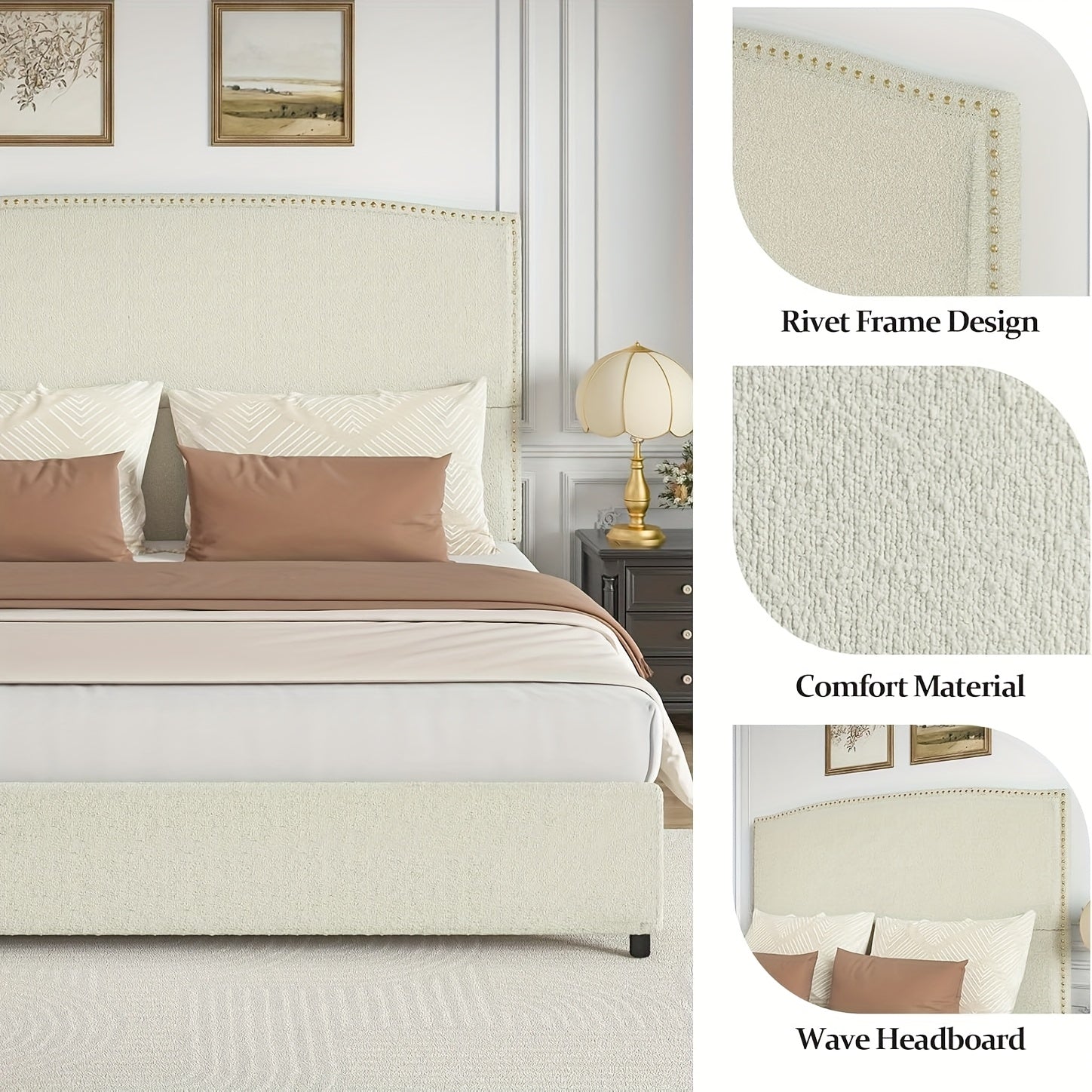 Elegant Queen King Size Bed Frame with 56" Tall Headboard, Boucle Upholstered Platform Bed with Nailhead Trim, Soft Beige/Grey/White Fabric, No Box Spring Needed, Easy Assembly, Classic Hardwood Design for a Luxurious Bedroom