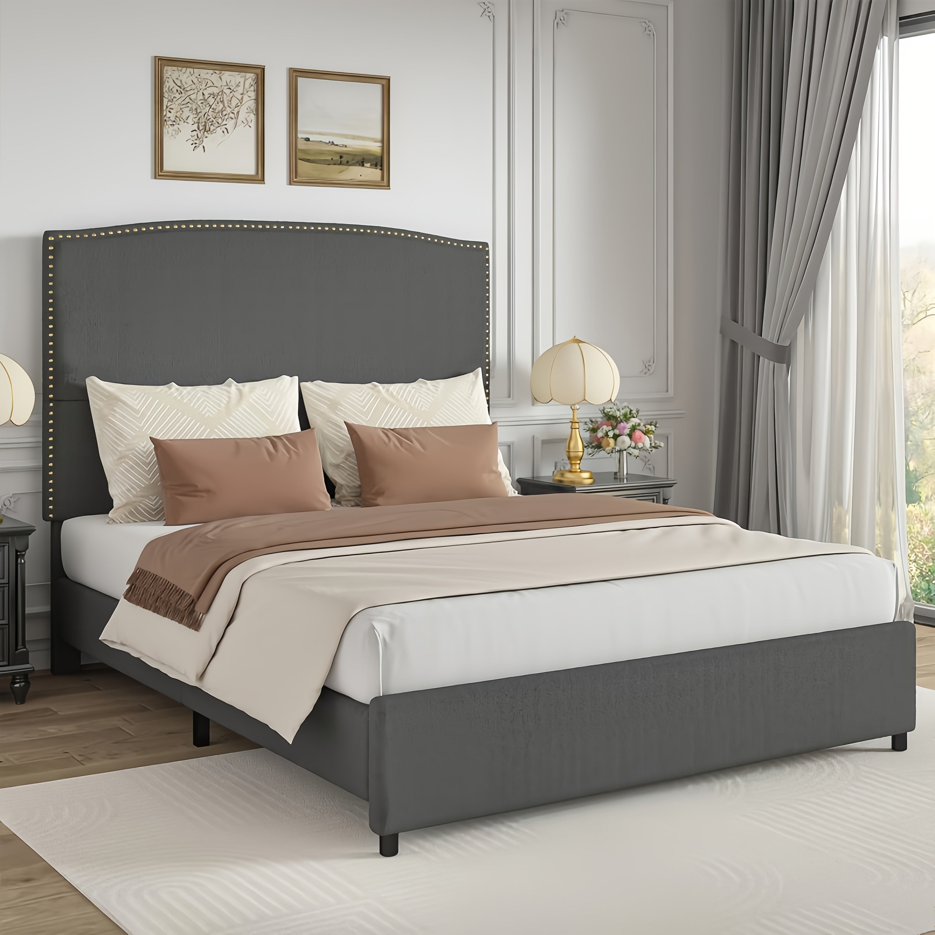 Full Queen King Size Bed Frame with 56" Tall Headboard - Boucle Upholstered Platform Bed with Nailhead Trim, Grey/Beige/White, No Box Spring Needed, Easy Assembly, Hardwood Frame Contemporary Bedroom Furniture, Home Decor, Mo