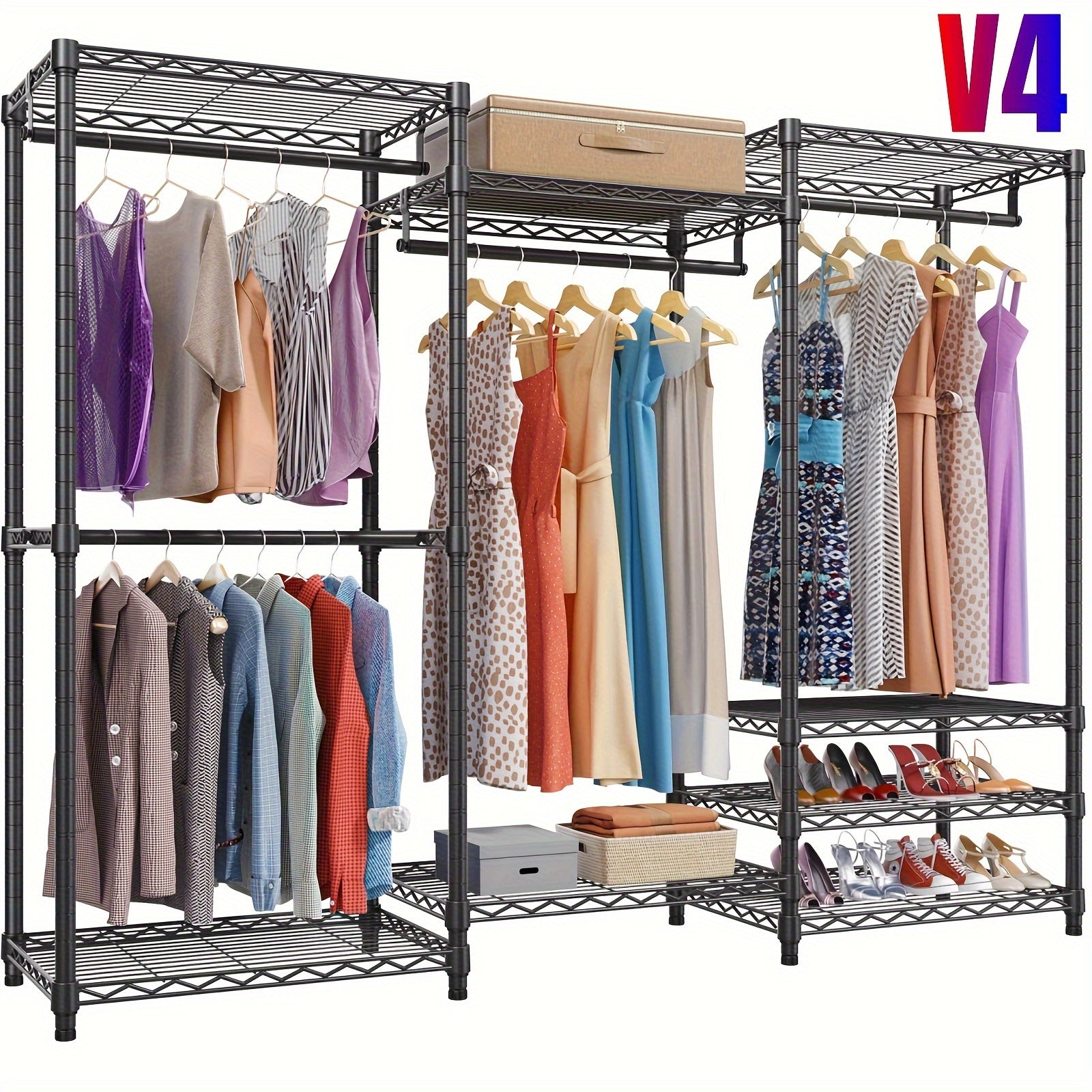 Clothes Rack Heavy Duty Metal Garment Rack With Shelves, Wardrobe Clothes Organizer, Hanging Closet Organizer For Storage, Free Standing Closet Shelves And Coat Rack, Clothes Drying Rack With Rolling Wheels, Kids Hangers And
