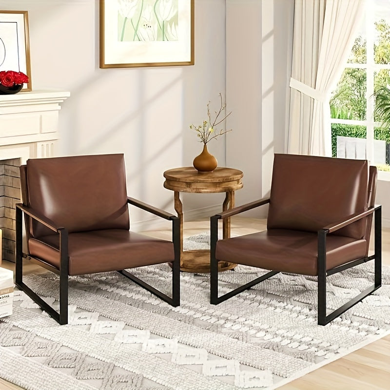 DKLGG Mid-Century Modern Accent Armchair, Classic Single Sofa Chair with Frame Metal and Extra-Large Ergonomic Cushion, Leather Accent Chairs Anti-Scratch Foot Mats for Living Room, Brown