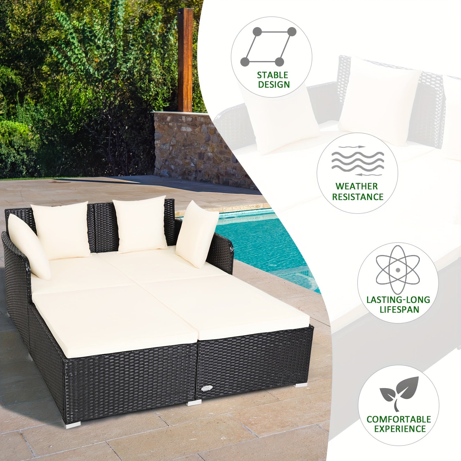 1pc Rattan Daybed With Cushions, Classic Outdoor Patio Furniture, Weather-Resistant Wicker Sofa, Beige – 61x52x27.5 Inches
