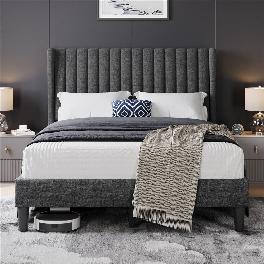 Costoffs Upholstered Bed Frame Full/Queen/King Size, Winged Headboard, Non-Slip, Noiseless, Wooden Slats, Bedroom Furniture, Easy Setup, No Box Spring Required, Installation Guide Included