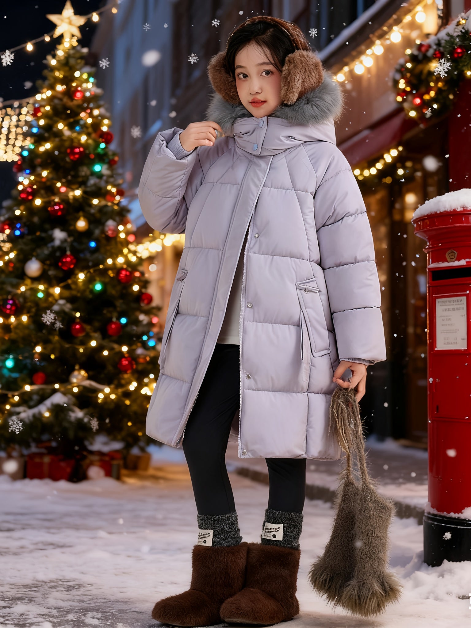 Girls' Jacket Mid-Length 2025 New Winter Thickened Clothing For Girls With Large Fur Collar Trendy Coat Girls Winter Coat Christmas Warm Coat