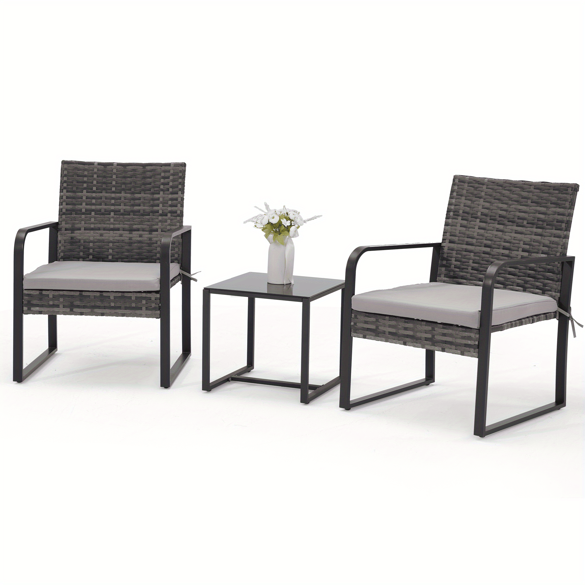Bezseller 3pcs Patio Furniture Set, Outdoor Rattan Bistro Set with Coffee Table, Durable Steel Frame with Strapped Cushions for Garden, Balcony, Poolside, Backyard