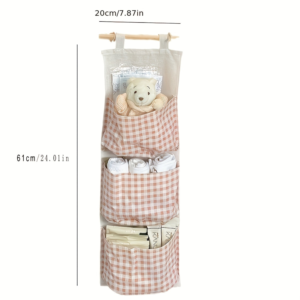 Chic Pink Plaid 3-Pocket Hanging Storage Bag for Youngsters Bottles - Foldable Polyester Organizer for Nursery & Home