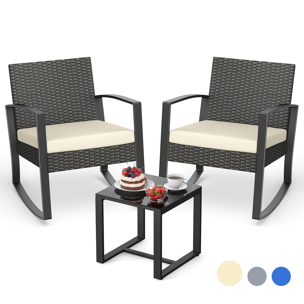 3pcs Patio Furniture Set Rocking Bistro Set Outdoor Rattan Conversation with Coffee Table for Garden Balcony Backyard Poolside (Grey Cushion), Patio Set, Outdoor Patio Furniture, Patio Table And Chair Set, Outdoor Furniture,
