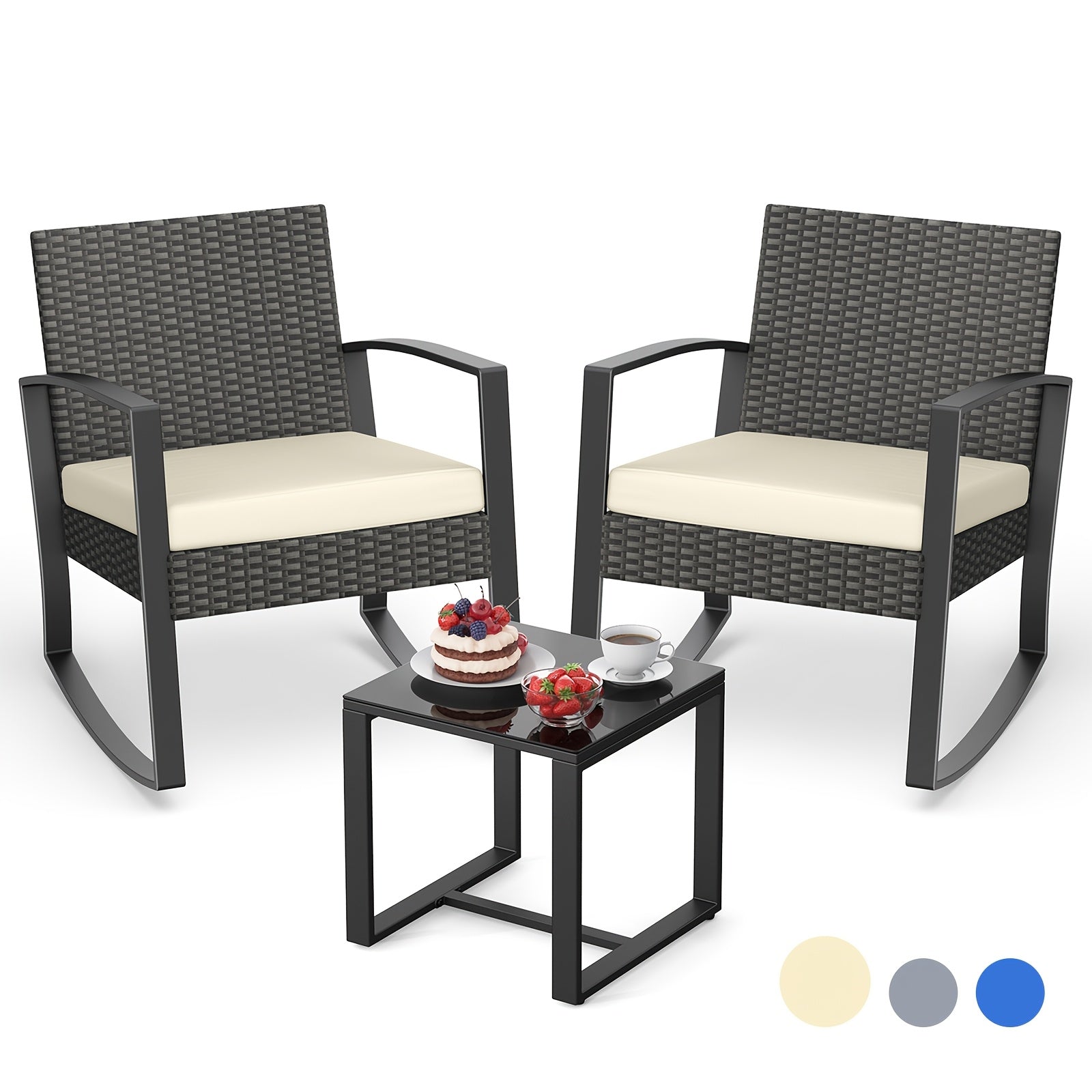 3pcs Patio Furniture Set Rocking Bistro Set Outdoor Rattan Conversation with Coffee Table for Garden Balcony Backyard Poolside (Grey Cushion), Patio Set, Outdoor Patio Furniture, Patio Table And Chair Set, Outdoor Furniture,