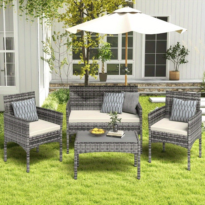 4pcs Patio Conversation Set, Outdoor Wicker Rattan Patio Furniture Set with Cushion and Table for Lawn Backyard, Garden, Balcony, Porch and Poolside