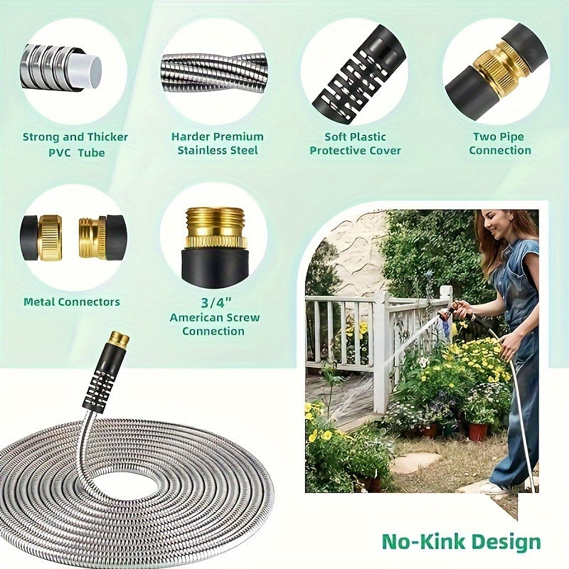 100ft Heavy-Duty Stainless Steel Garden Hose - Flexible, Puncture-Resistant & Rustproof with 10 Multi-Function Nozzles for Easy Watering | Tangle-Free Design for Easy Storage, Garden Hose Nozzle, Ultra-Flexible, Kink-Free, Ma