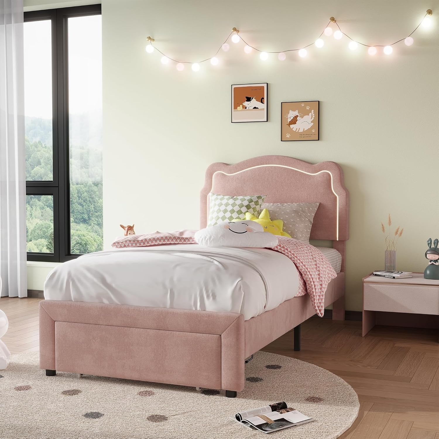 Girls' Twin Size Platform Bed Frame with Adjustable Bear Headboard - Pink Kids bed, No Box Spring Needed, Noise-Free, Hardwood - Girls' Bedroom Furniture for Princess Decor, Sleepover Bed Solution, Whimsical Kids' Style, Rgb