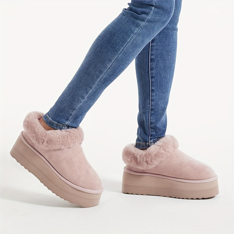 Cozy Furry Ankle Boots - Women's Slippers, Platform Mini Boots, Short Ankle Boot, Fur Fleece Lined Sneakers, Anti-Slip, Water-Resistant, Warm, and Comfortable House Slippers for Outdoor and Indoor Use