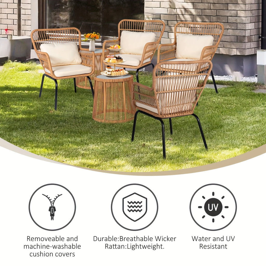 3pcs Outdoor Wicker Bistro Furniture Set with Beige Cushioned Seats & Coffee Table - All-Weather Metal Frame & Plastic Top, Curved Armrests & Sturdy Base for Patio, Balcony, Garden, Front Porch - Comfortable Rattan Sofa Set i