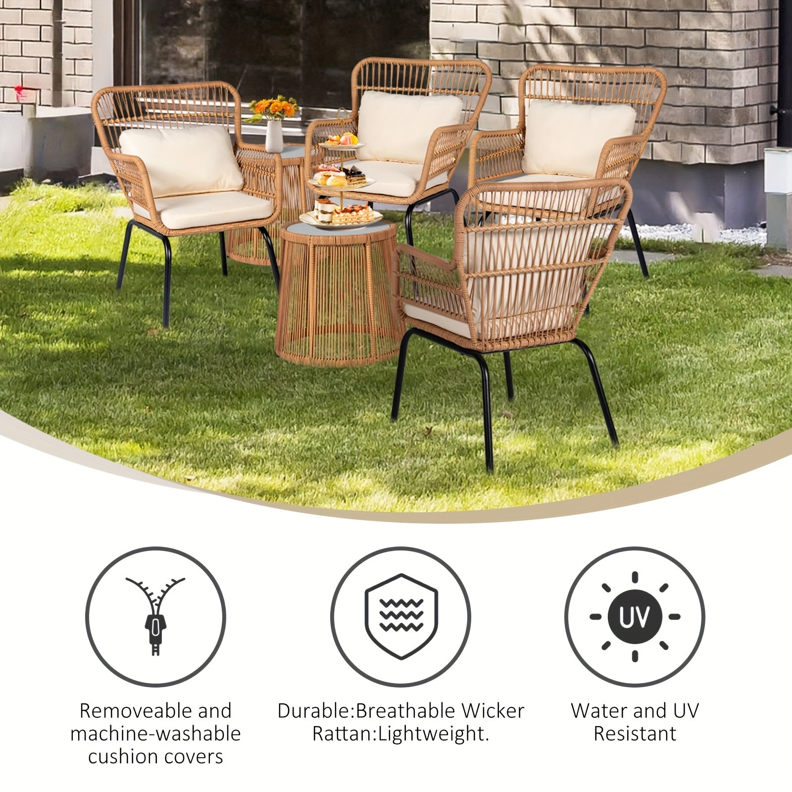 3pcs Outdoor Wicker Bistro Furniture Set with Beige Cushioned Seats & Coffee Table - All-Weather Metal Frame & Plastic Top, Curved Armrests & Sturdy Base for Patio, Balcony, Garden, Front Porch - Comfortable Rattan Sofa Set i
