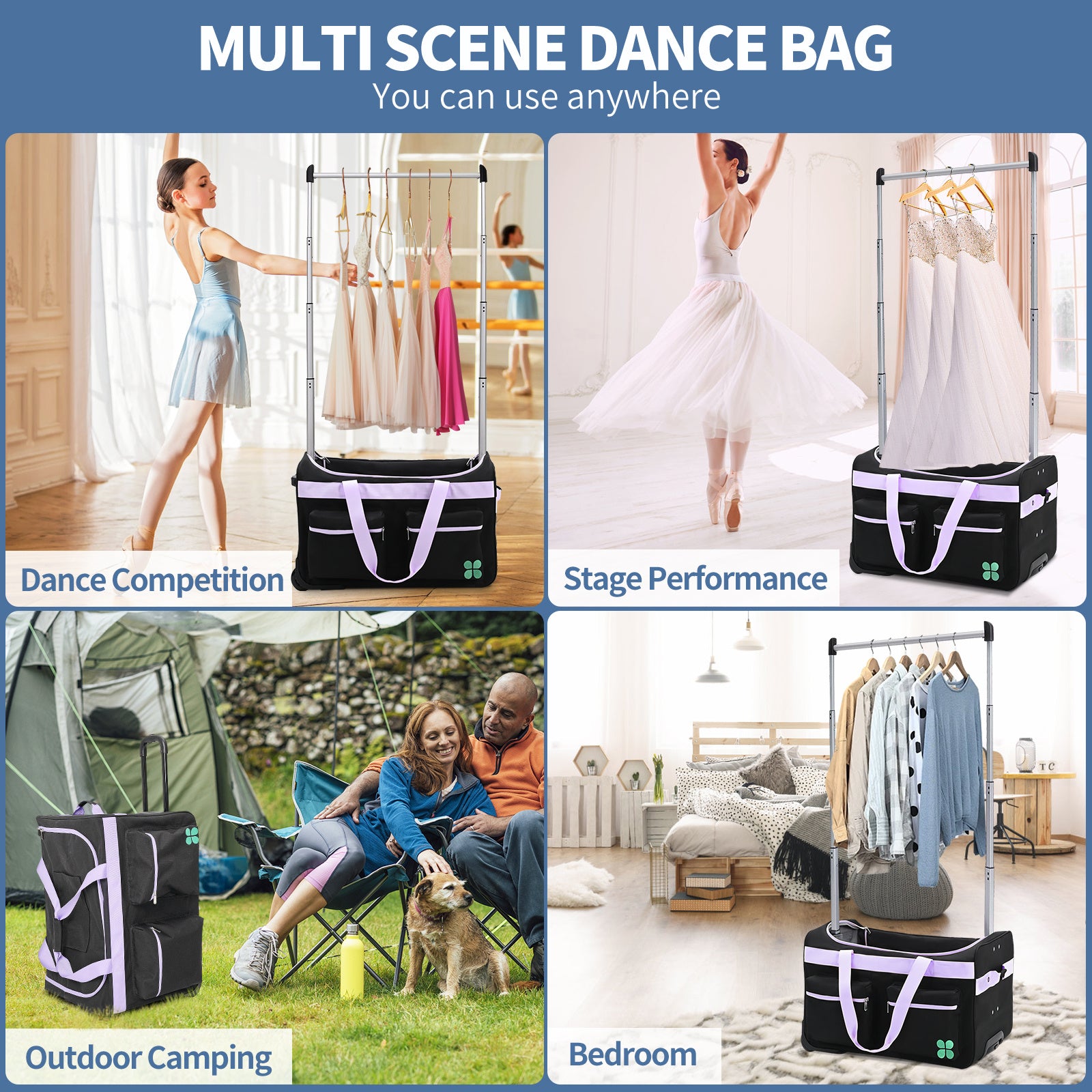 Dance Bag With Garment Rack, 27 Inch Dance Competition Bag Garment Duffel Bag For Competition Events, Travel, Recital Events, Rolling Garment Bag Travel Dance Bag for Girls Boys