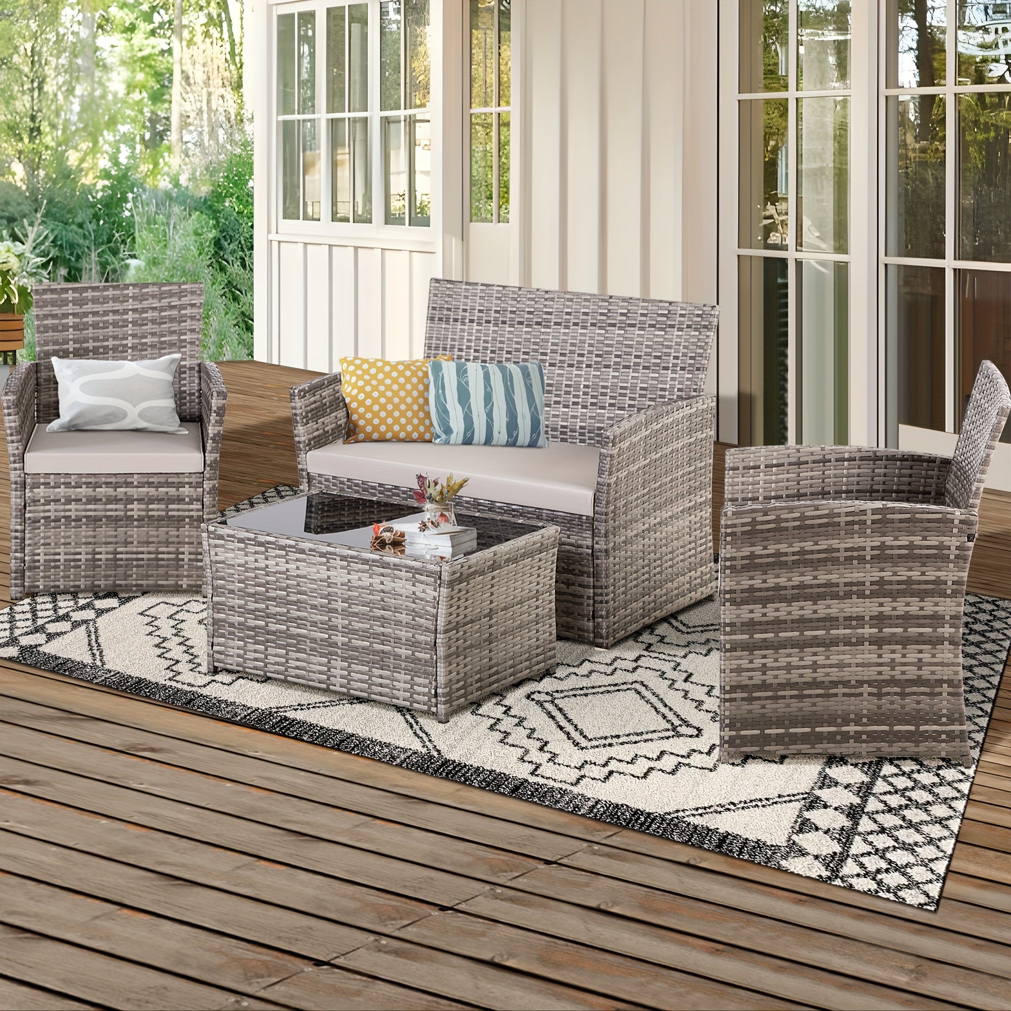 4pcs Patio Furniture Set, Outdoor Wicker Conversation Sets, Rattan Sectional Sofa W/Coffee Table, Seat Cushions For Backyard Porch Garden Poolside