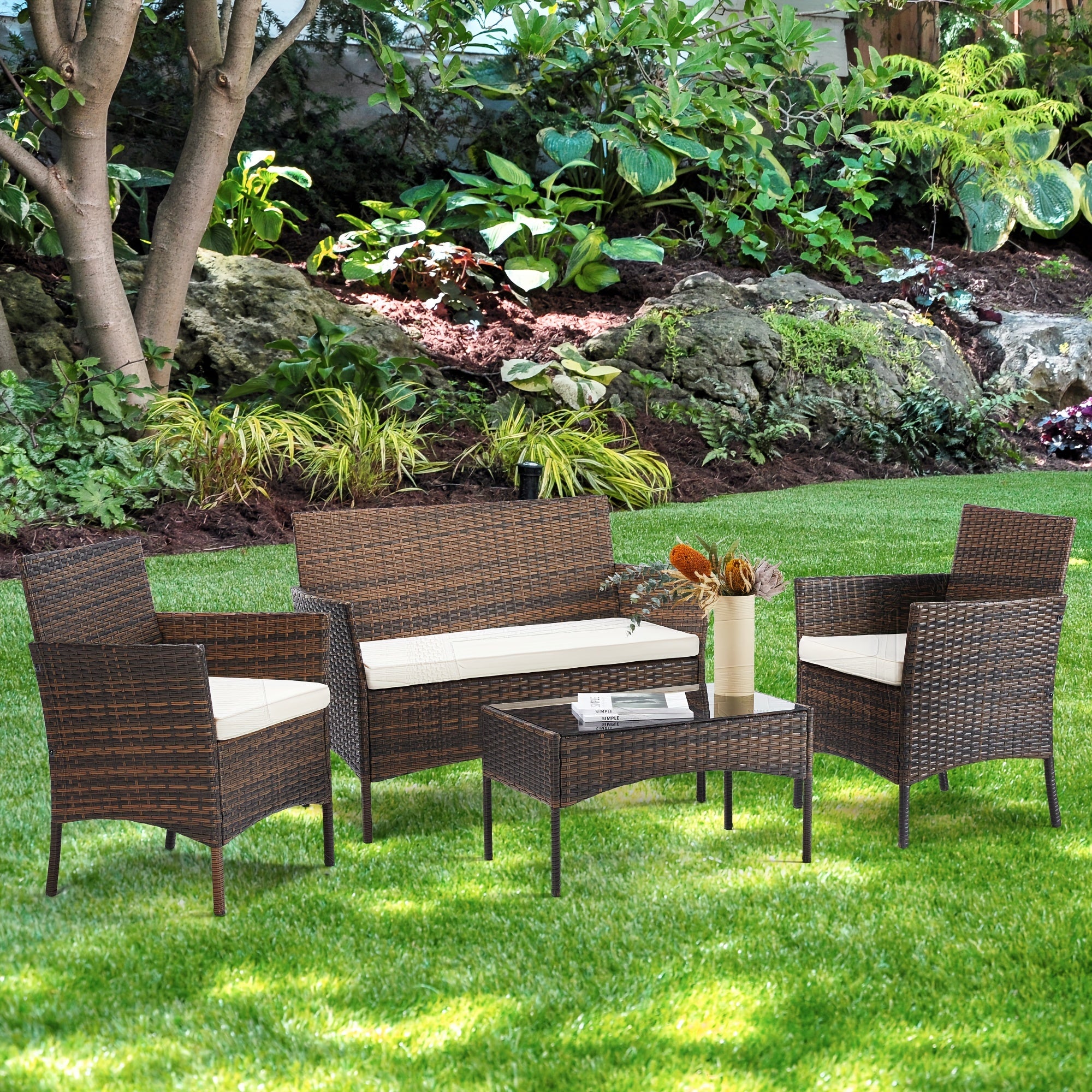 4pcs Patio Furniture Set, Outdoor Wicker Set with Coffee Table, Contemporary Rattan Conversation Patio Chairs with Sofa, Ideal for Garden, Terrace, Porch, Balconies, and Lawns, Brown