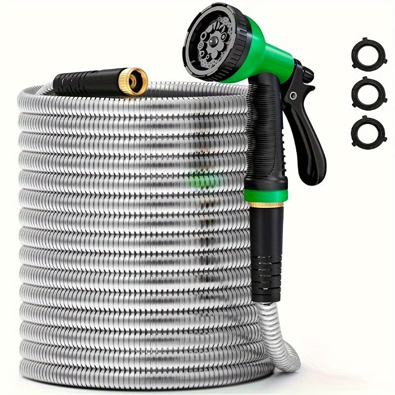 100ft Heavy-Duty Stainless Steel Garden Hose - Flexible, Puncture-Resistant & Rustproof with 10 Multi-Function Nozzles for Easy Watering | Tangle-Free Design for Easy Storage, Garden Hose Nozzle, Ultra-Flexible, Kink-Free, Ma