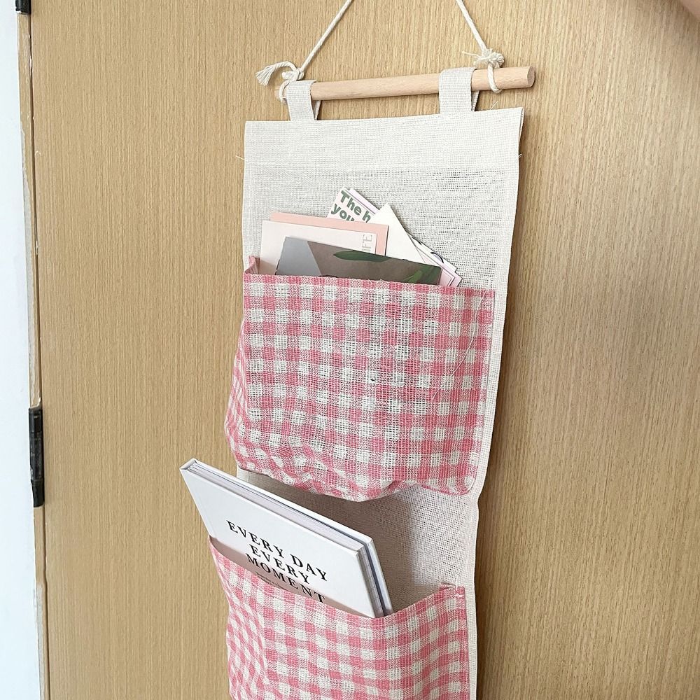 1pc Large Capacity Pink Plaid Hanging Storage Bag - Multifunctional, Waterproof, Breathable Fabric Organizer with Multiple Compartments for Home Organization, Clothes Organizer Storage
